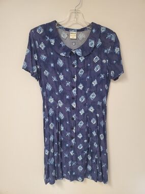 mecca Navy Blue Floral Patchwork Print Button Up Dress